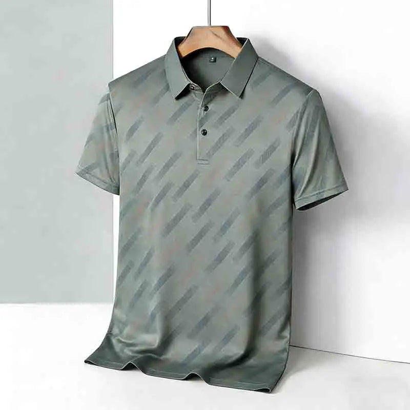 Men's Fashion Polo Shirt Short Sleeve Lapel Collar Diagonal Striped Print Casual Business Golf Tops