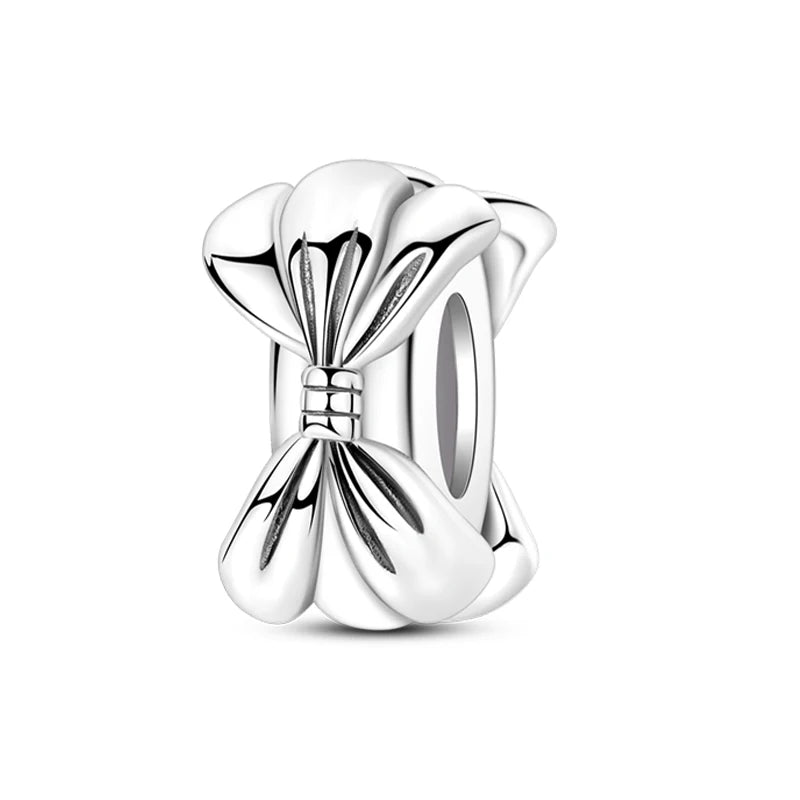 Silver Bow Charms 925 Sterling Silver Pink Heart-shaped Bow Pendants Charms Beads Fit Original S925 Bangle Bracelets DIY Jewelry