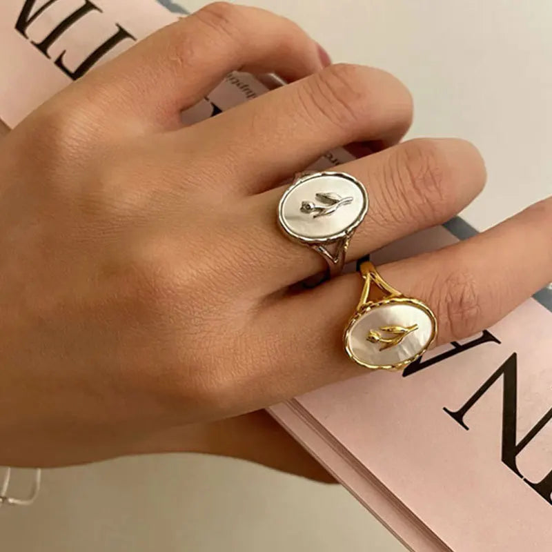 925 Sterling Silver Metal Flower Shell Geometric Rings For Women French Retro Romantic Open Thai