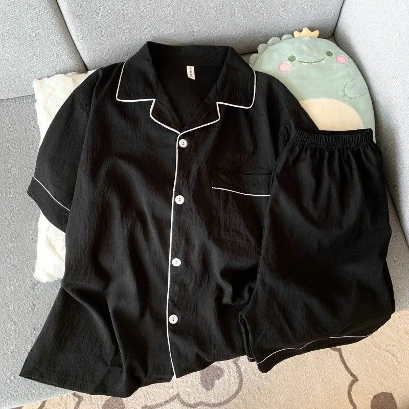 Youth Men's Slim Fit New Pajama Set Solid Color Short Sleeve Lapel Top and Elastic Shorts Pajamas Summer Loungewear Sleepwear