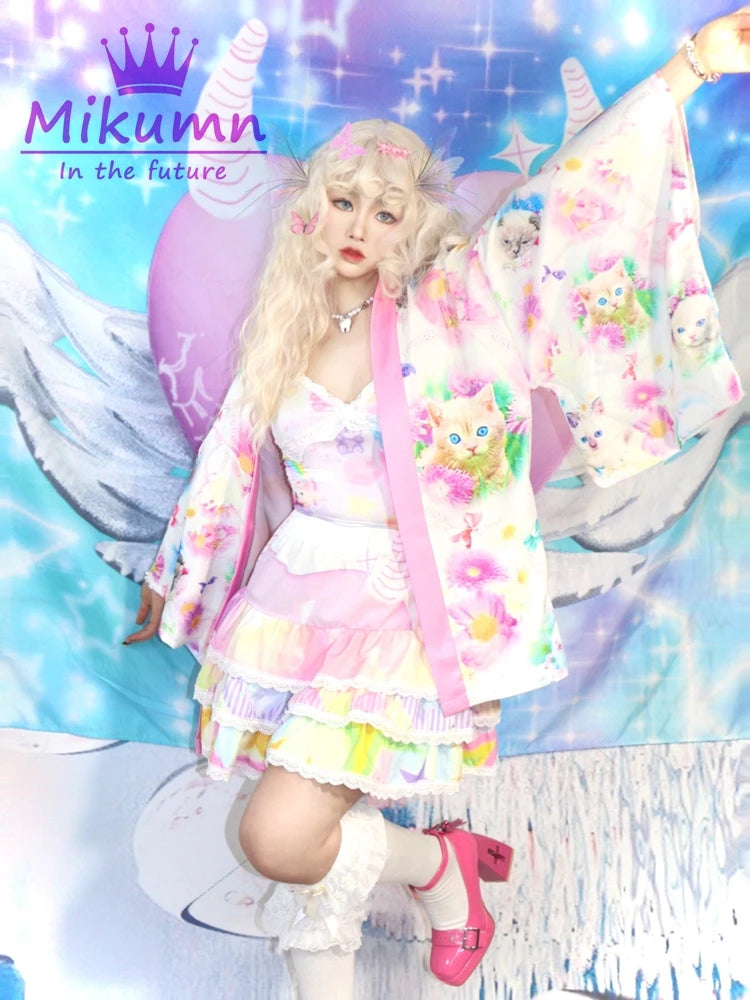 Harajuku Y2K White Blue Purple Lace Cake Skirt Womem Japanese Elastic Waist Pleated Skirt Ball Gown Kawaii Lolita Mini Skirt