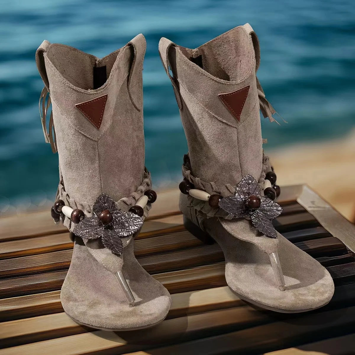 Womens Open Toe Boot Ethnic Style Tassels Rhinestone Vacation Beach Summer Flip Flops Lightweight soft Western cowgirl boots