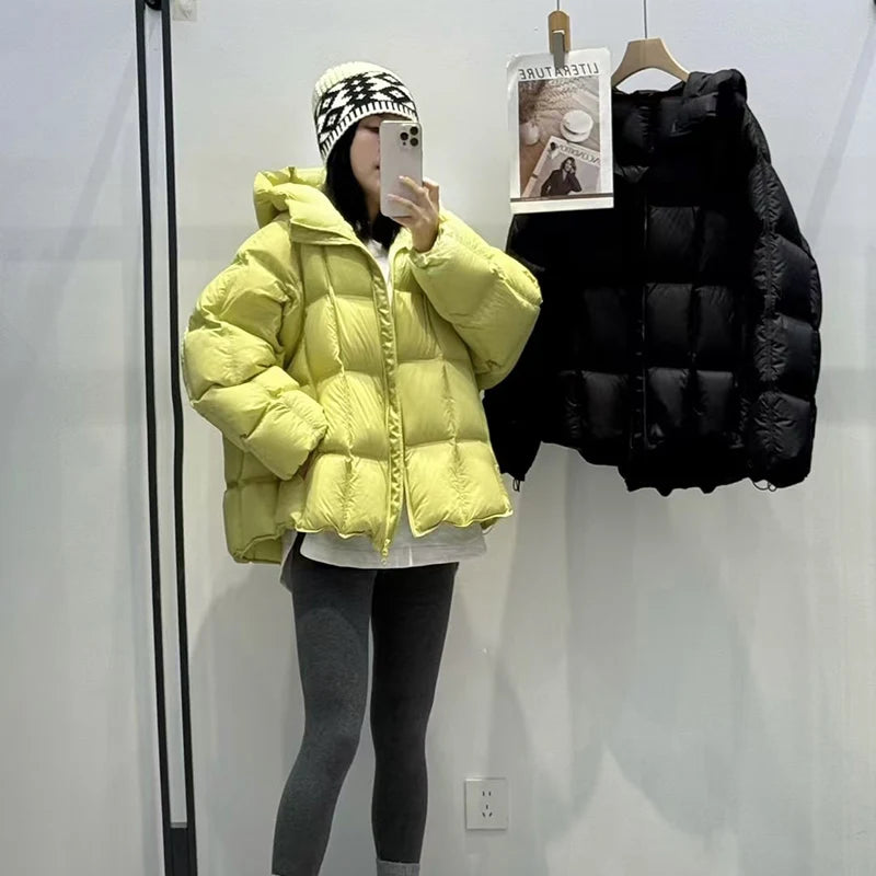 Schinteon Women Light White Down Jacket with Hood Loose Over Size Casual Autumn Winter Outwear Square Warm Short Coat 2026 New
