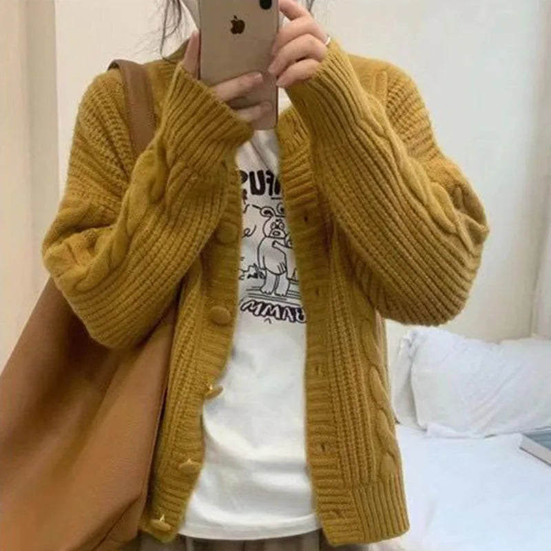 Autumn Twist Knitted Cardigan Womem Winter Thicken Warm O Neck Sweater Jacket Female Solid Button Up Long Sleeve Crop Knitwear