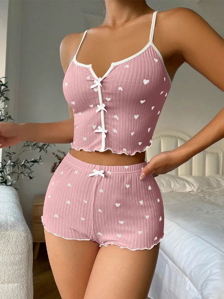 Sexy Heart Print Pajama Set for Women Sleepwear Silk Stain V-Neck Sleeveless Casual Cami Top and Shorts Sets Loungewear