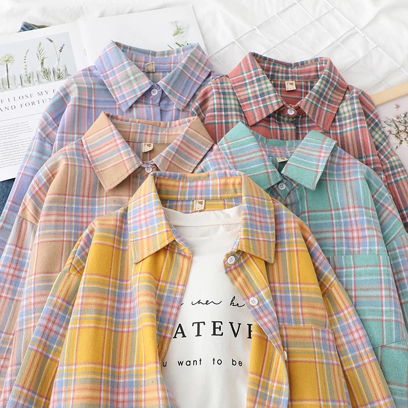 Casual Women's Plaid Shirt 2025 Spring Autumn New Ladies Loose Blouse and Tops Female Long Sleeve Shirts Fresh Checked Clothes