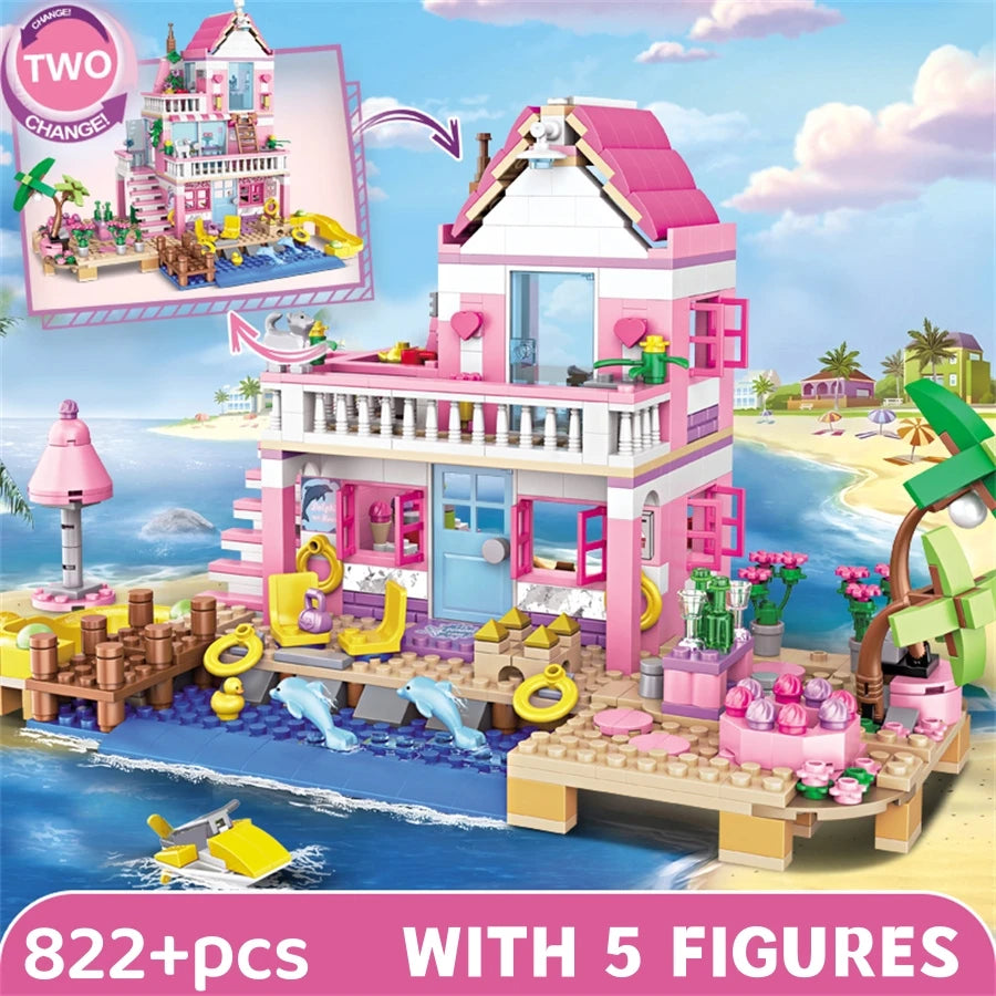 822Pcs Beach Villa Building Blocks Transformable House Model Creative Building Educational STEM Toys Birthday Gift For Girls