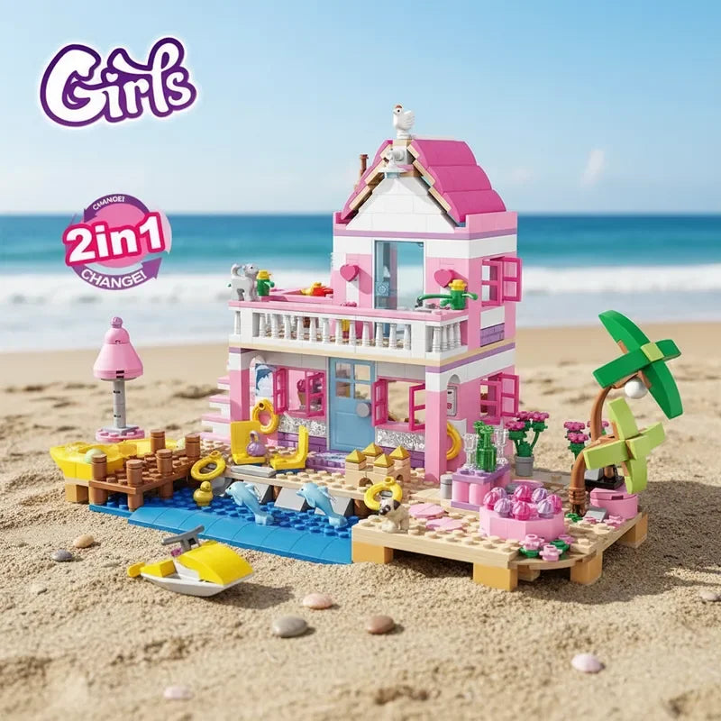 822Pcs Beach Villa Building Blocks Transformable House Model Creative Building Educational STEM Toys Birthday Gift For Girls