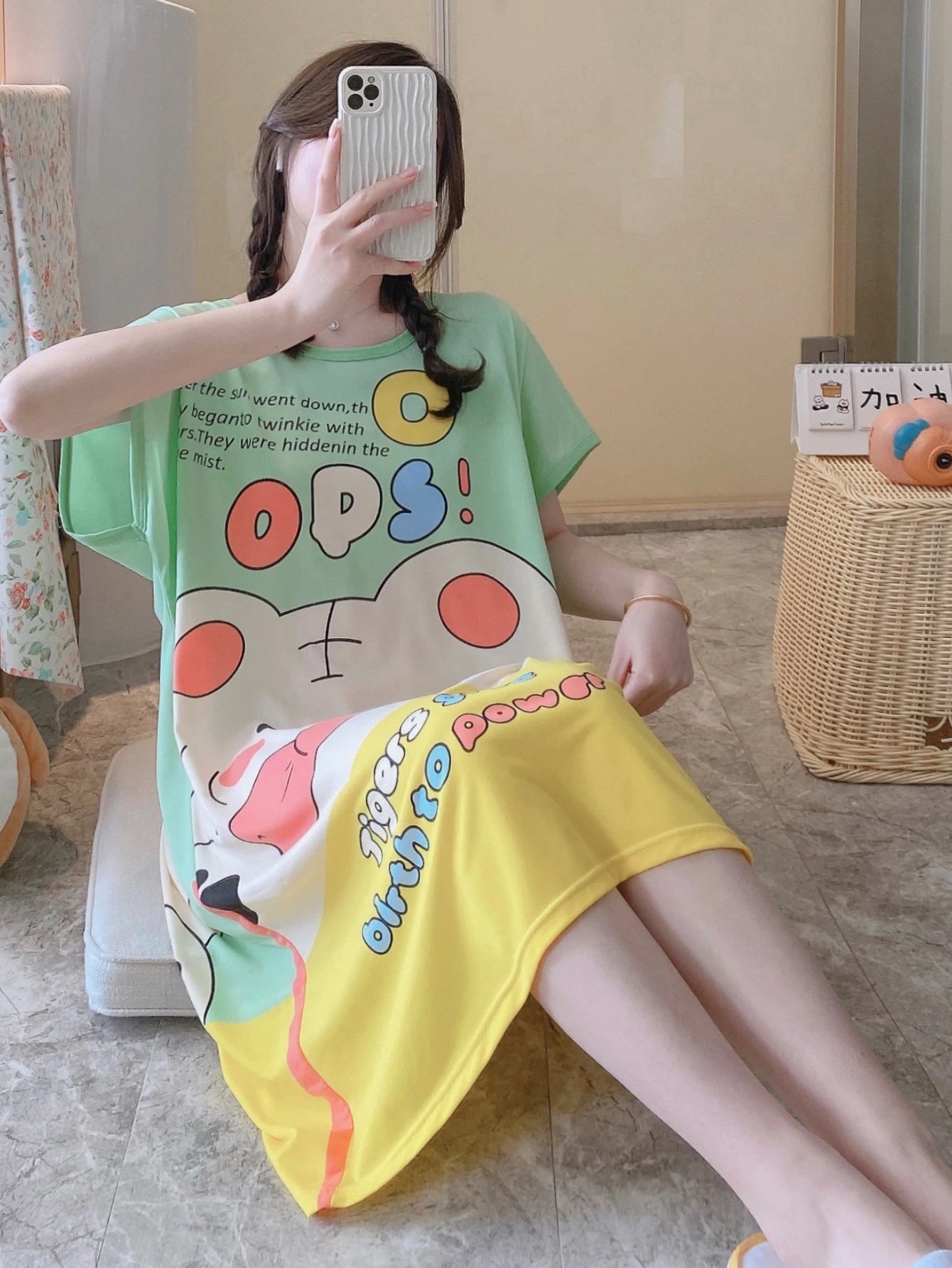 1PC, Summer And Autumn Cool Cute Girls Cartoon Nightdress, Comfortable Short-sleeved Dress, Women's Home Wear, Polyester Pajama