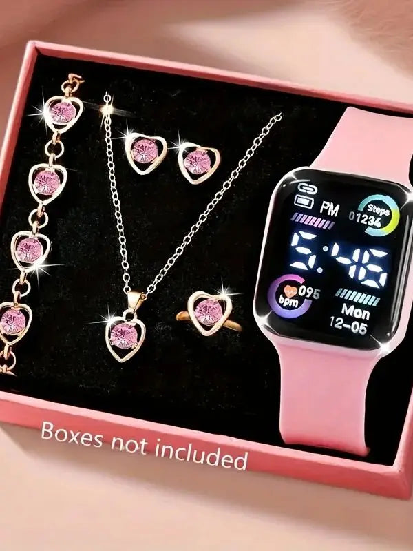 6-piece set of fashion electronic watch necklace earrings ring set for teenagers boys and girls, the best choice for frien