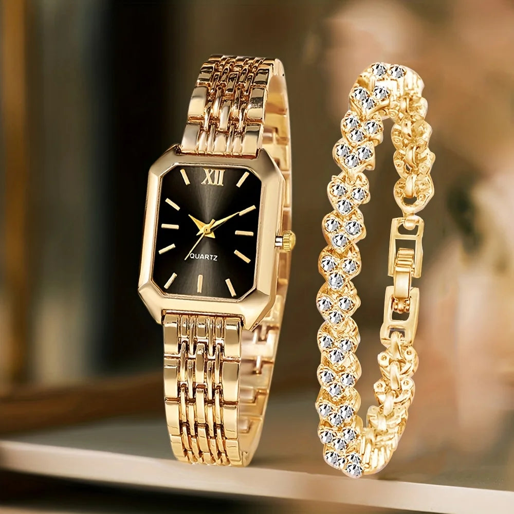 2PCS Fashion Rectangle Women Quartz Watch Rhinestone Bracelet Set Roma Dial Ladies Wristwatches Girls Clock Reloj Mujer