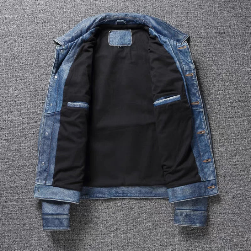 Men's Motorcycle Leather Jacket Light Blue Ami Khaki Retro Graphite Distressed Denim Genuine Leather Jacket Slim Short Jacket
