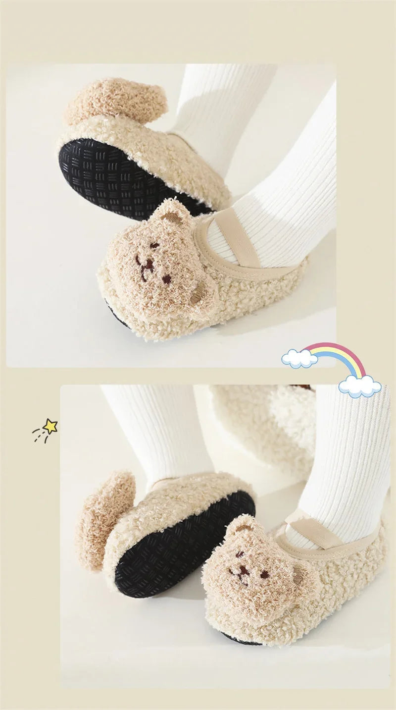 Cartoon Bear Baby Shoes Winter Thick Warm Newborn Shoes Non-slip Soled Soft Plush Toddler Kids Boy Girls Infant First Walkers