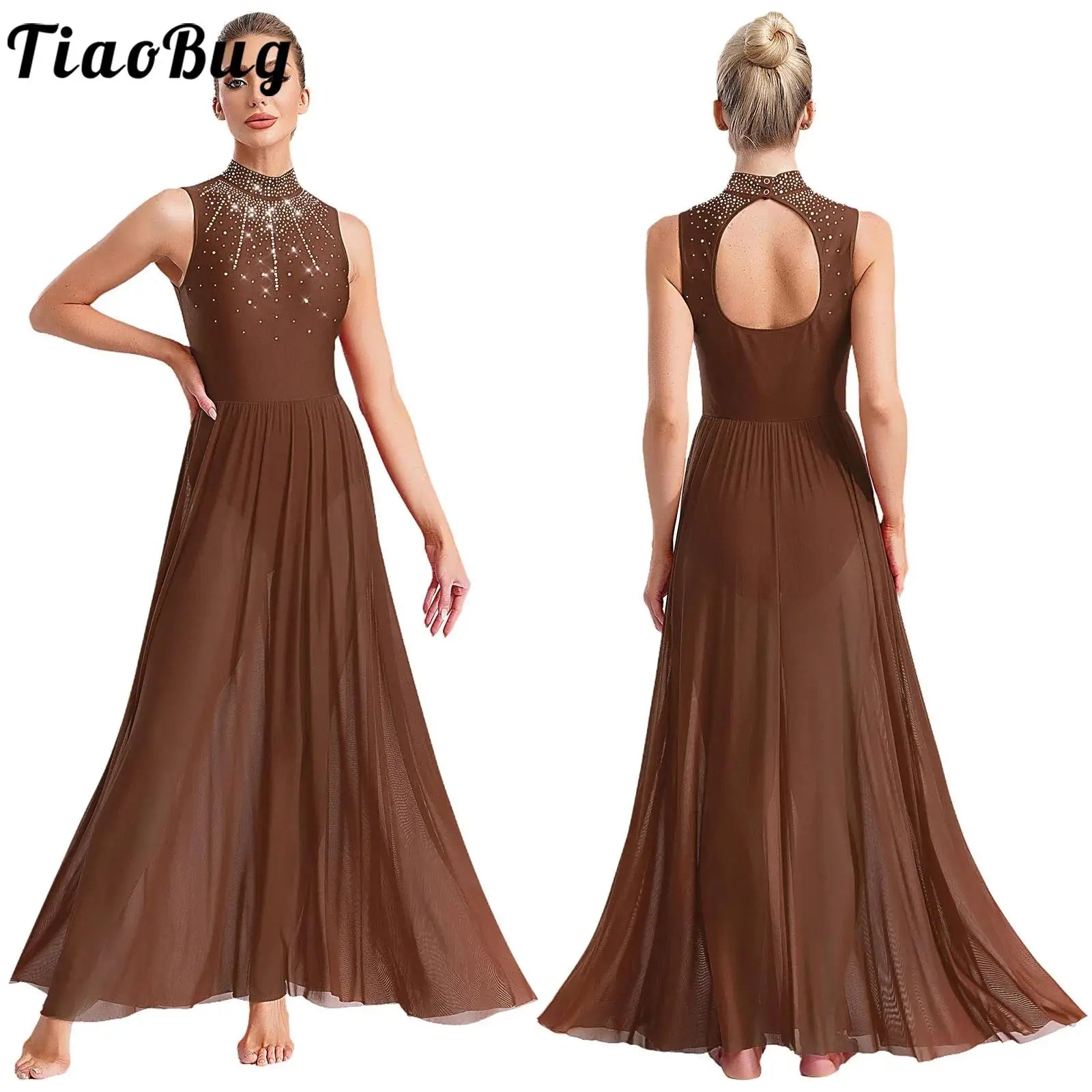 Womens Ballet Lyrical Dance Dress Cutout Back Full Length Overlay Leotard Costume Latin Rumba Tango Maxi Dress Long Dancewear