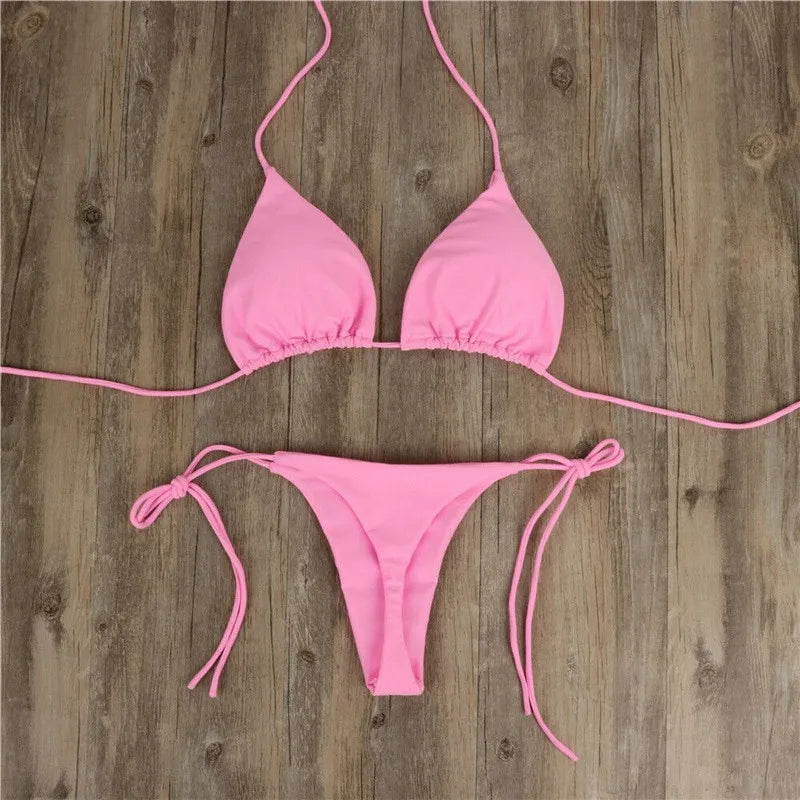 Women Triangle Bikini Set Halter Tie-Up Two Piece Swimsuit Thong Bottom Bathing Suit Beachwear