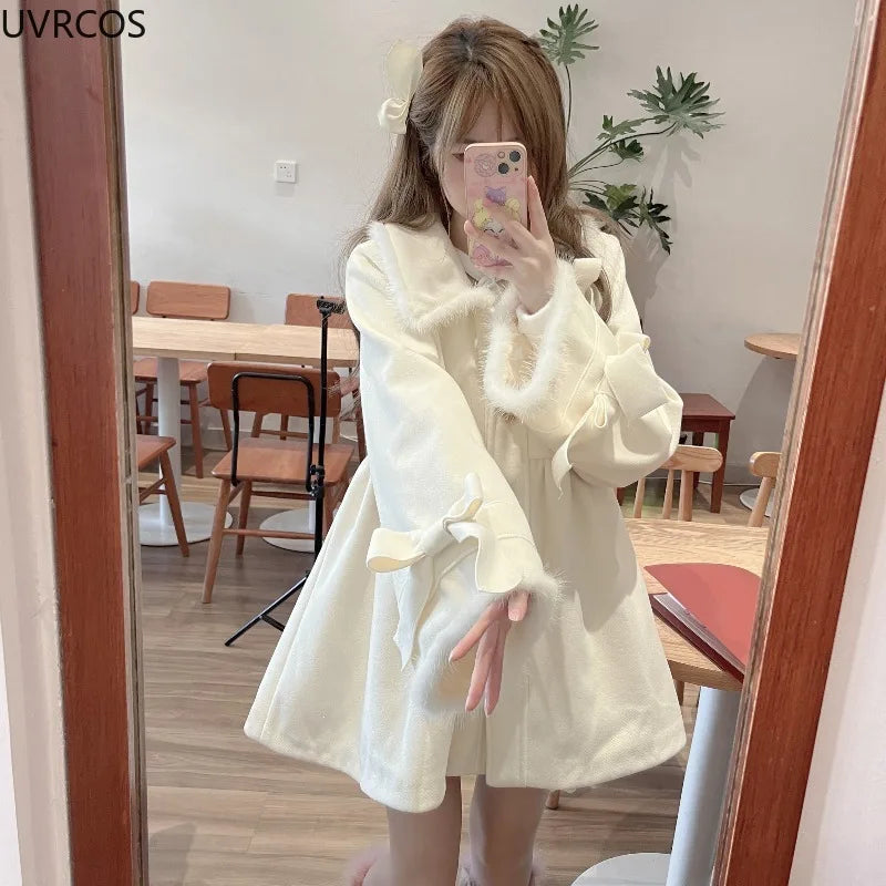 Japan Style Sweet Bow Lolita Woolen Coats Womem Winter Clothes 2024 Thickend Warm Outerwear Jacket Female Fashion Christmas Coat