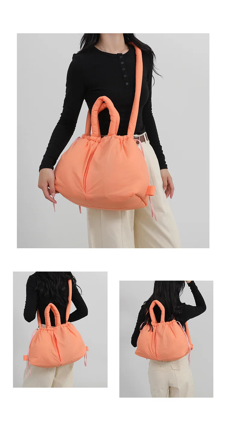 Casual nylon padded tote bag designer soft puffer women shoulder crossbody bags Simple Vintage large capacity handbags 2026