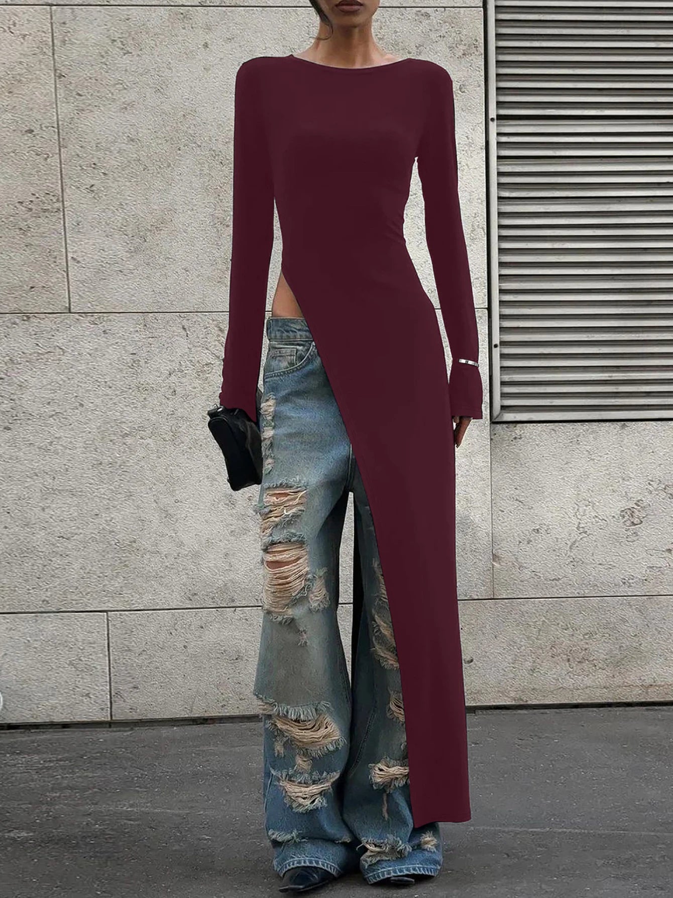 Dulzura Long Sleeves Side High Slit Maxi Dress Solid Sexy Long Dress Women’S Party Club Streetwear Autumn Winter Outfit