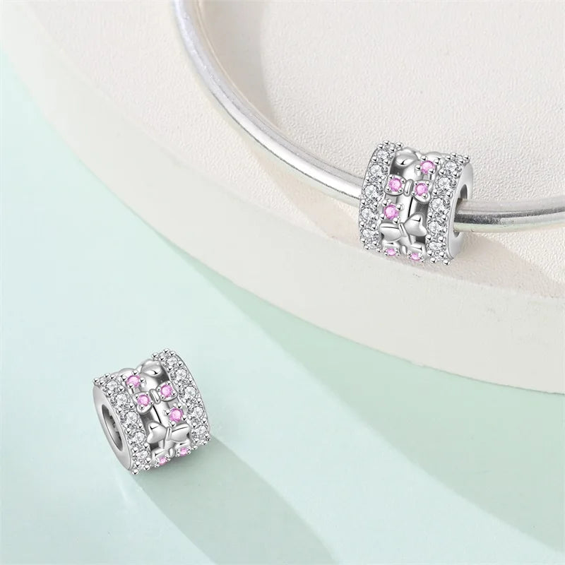 Silver Bow Charms 925 Sterling Silver Pink Heart-shaped Bow Pendants Charms Beads Fit Original S925 Bangle Bracelets DIY Jewelry
