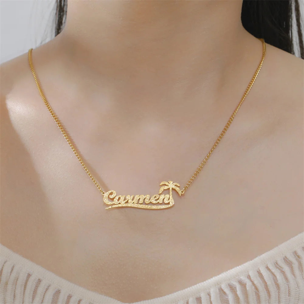 My Shape Custom Name Sparkling Necklaces Stainless Steel Customized Bling Frosted Pendants Personalized Name Chain Jewelry Gifts