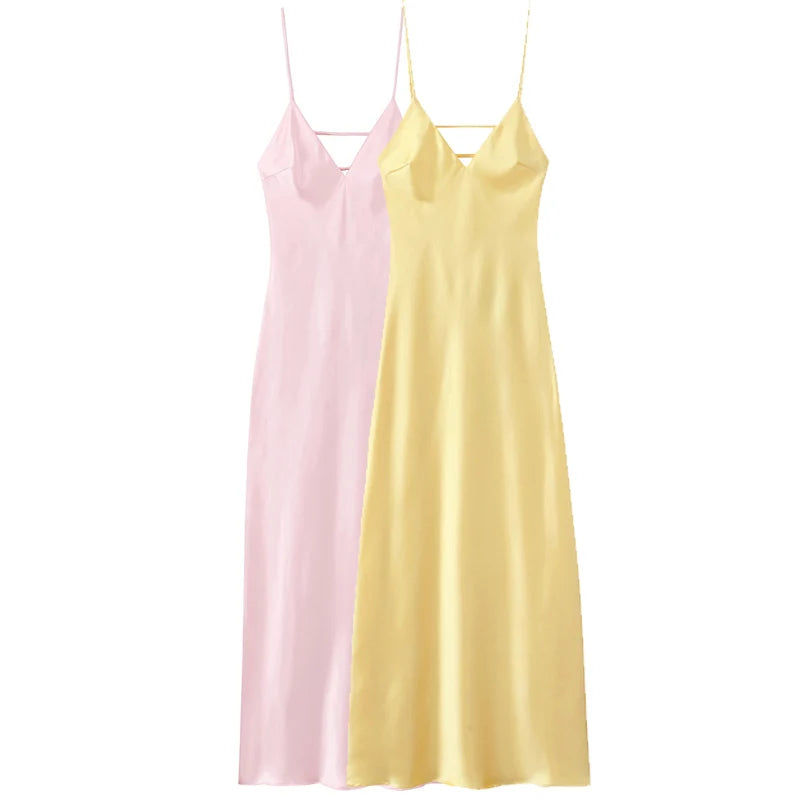 HXAO Yellow Dresses Women Satin V Neck Midi Dress Summer Backless Strap Slip Dresses Elegant Evening Party Dress 2025 Vestidos