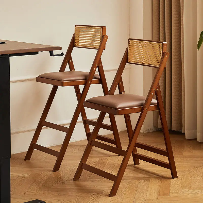 Foldable Wooden Bar Stool High Counter Stool Rattan Back Modern Minimalist Kitchen Island Breakfast Bar Dining Room Furniture