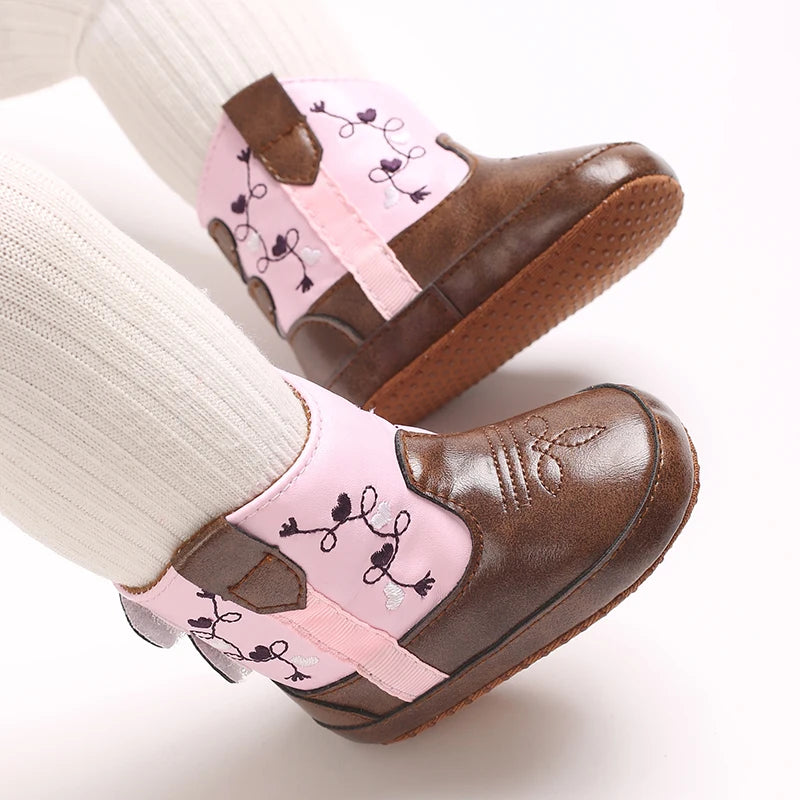 Western Cowboy Princess Baby Boots 0-18M Infant Pre-Walker Shoes Soft Sole Embroidered Footwear for Newborn Girls