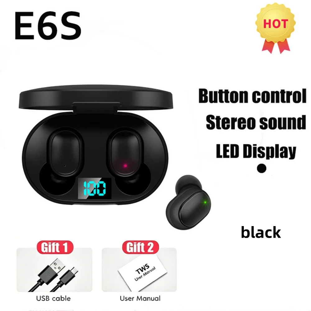 Digital Display Bluetooth Earphones with Mic TWS E6S Wireless Bluetooth Headset Noise Cancelling Headset for Xiaomi Huawei Oppo