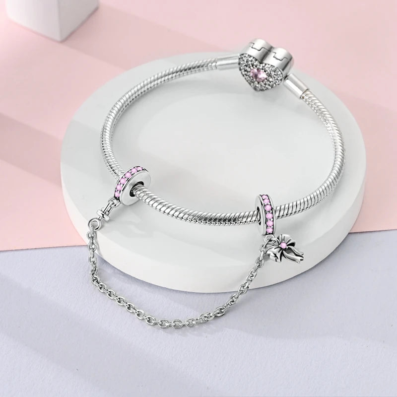 Silver Bow Charms 925 Sterling Silver Pink Heart-shaped Bow Pendants Charms Beads Fit Original S925 Bangle Bracelets DIY Jewelry