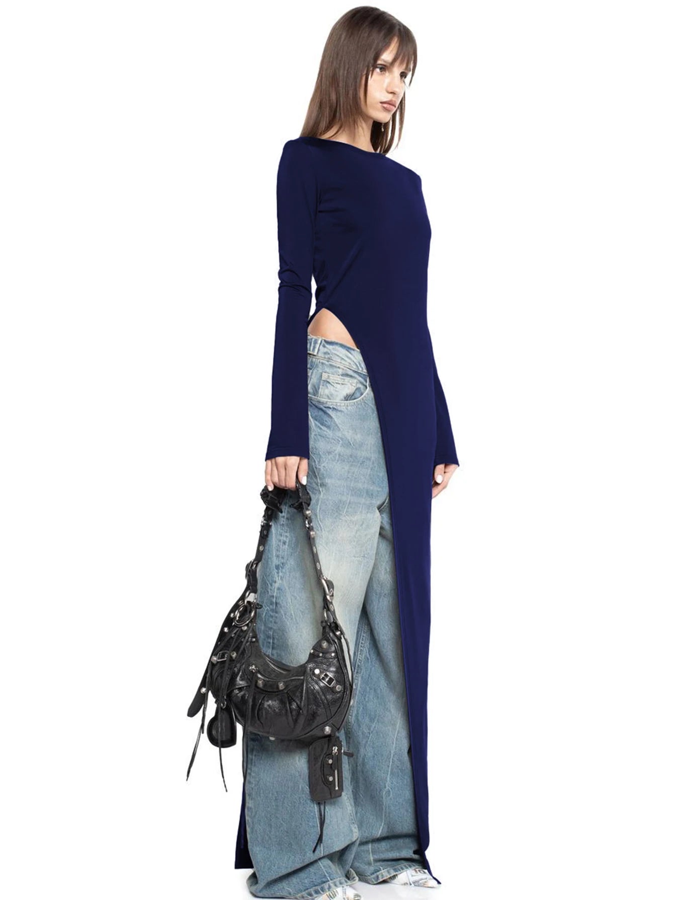 Dulzura Long Sleeves Side High Slit Maxi Dress Solid Sexy Long Dress Women’S Party Club Streetwear Autumn Winter Outfit