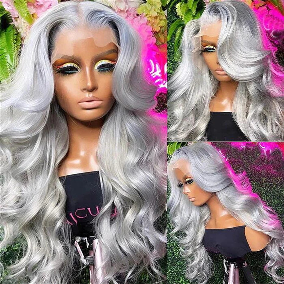 Silver Grey Brazilian Human Hair Wig 13X6 HD Transparent Lace Front Pre Plucked 28 32 Inch 200% Density Body Wave Wigs For Women