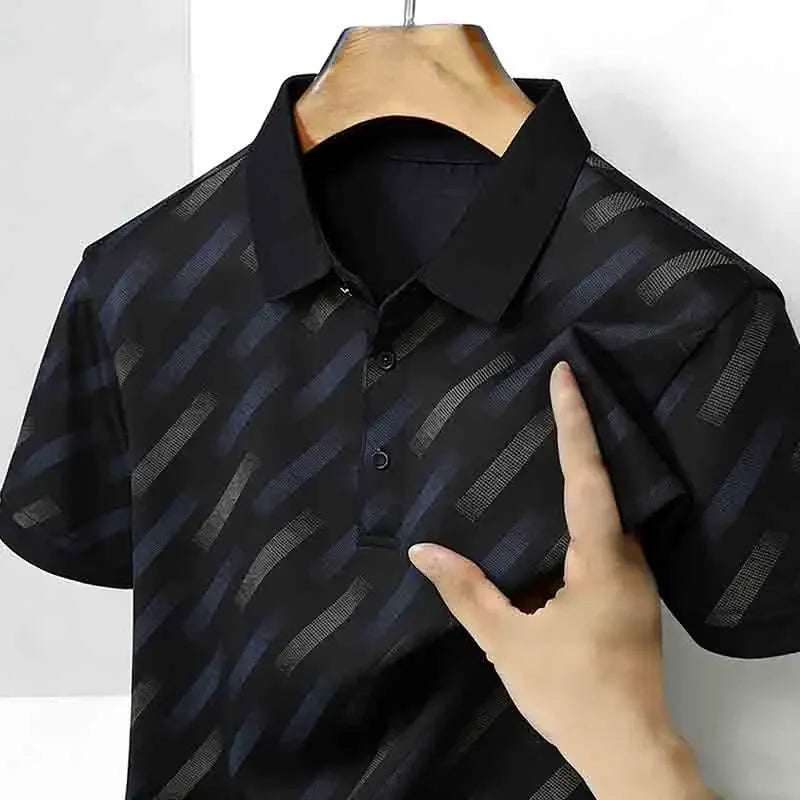 Men's Fashion Polo Shirt Short Sleeve Lapel Collar Diagonal Striped Print Casual Business Golf Tops