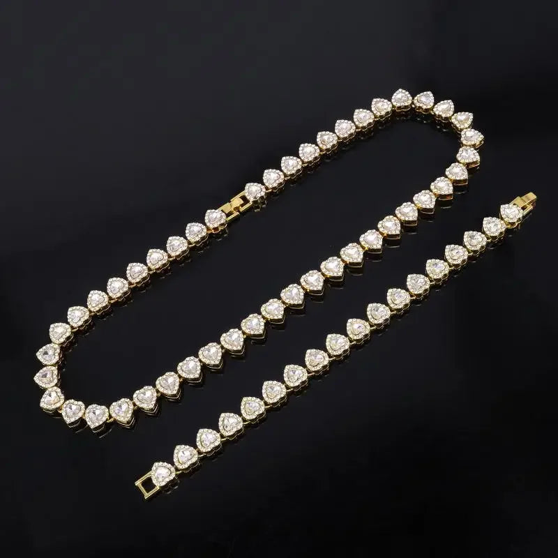 45CM New Hip Hop Tennis Chain Bracelet Necklace Shiny Heart Rhinestone CZ Fashion Rock Party Jewelry