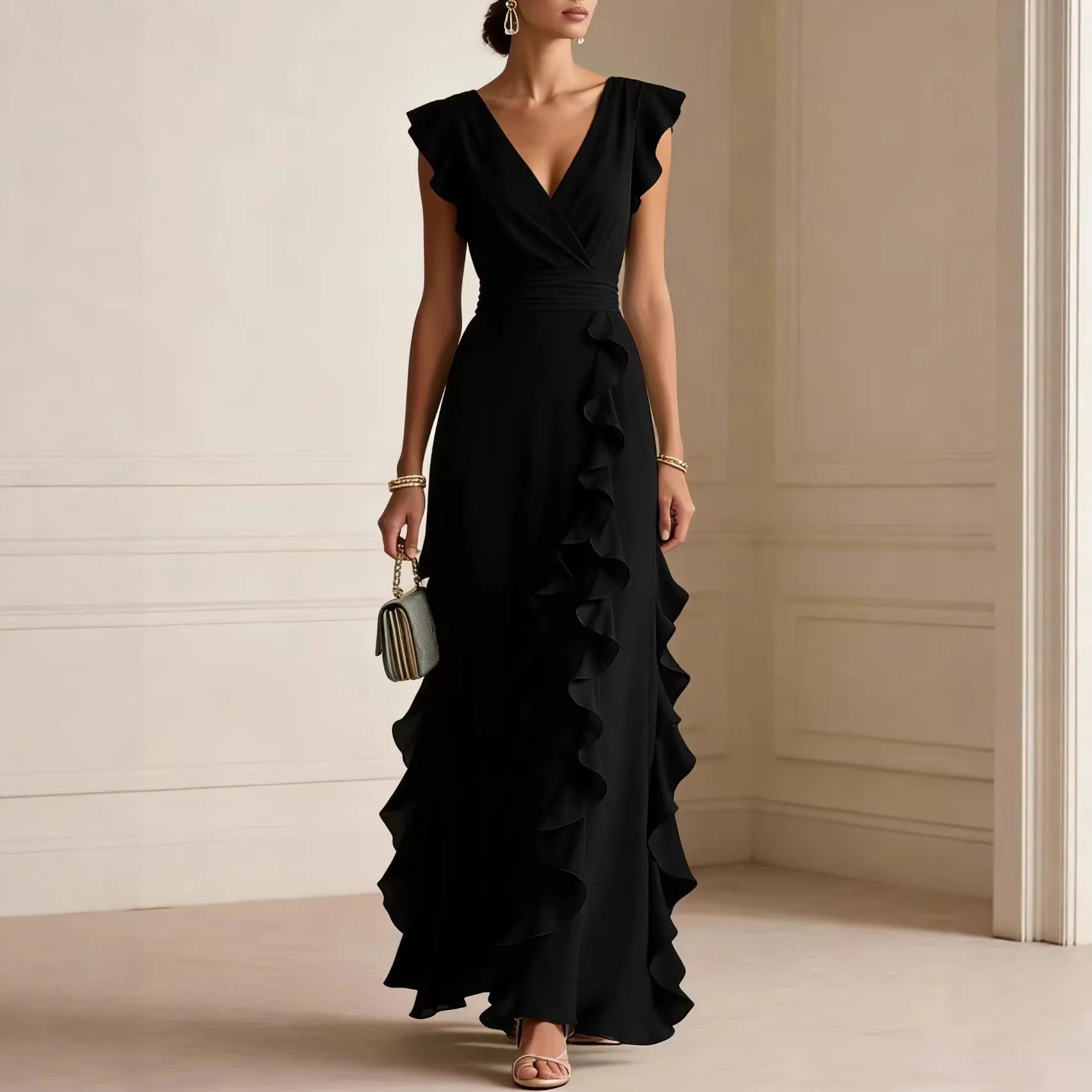 Ruffled Short V-Neck Long Dress Umbrella Skirt Feifei Sleeve For Womem