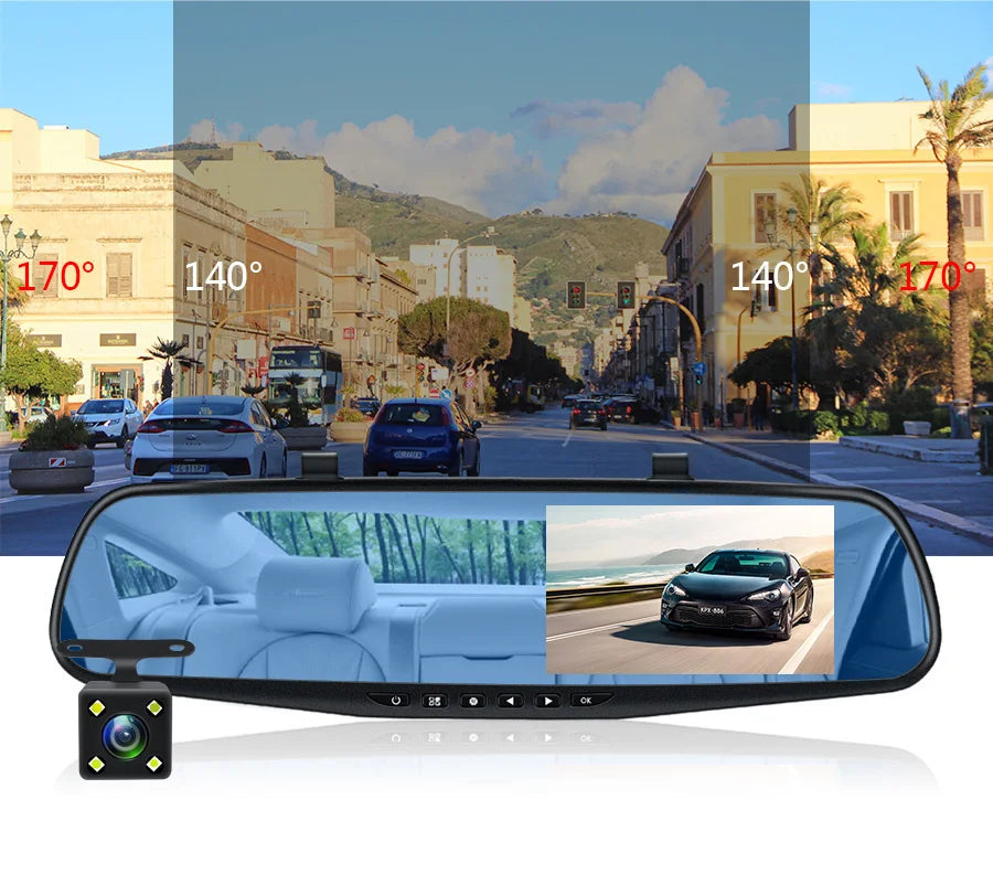 Dash Cam 4.3 inch "mini rear-view mirror digital dashcam, front and rear dual cameras IPS Front and Rear Camera Registrar Black