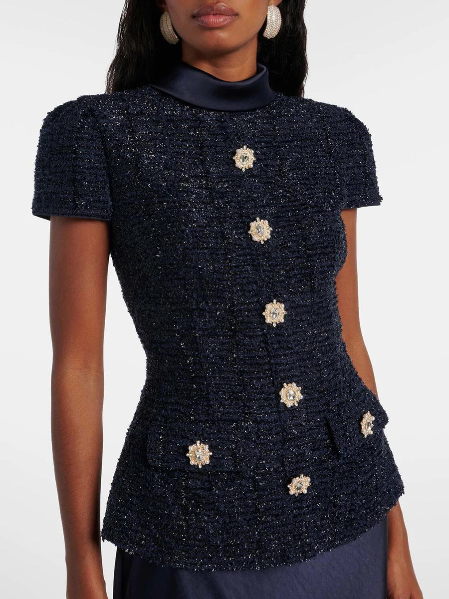 VGH Chic Two Piece Sets for Women Stand Collar Short Sleeves Spliced Pocket Tweed Top High Waist Maxi Skirts Vintage Suit Female