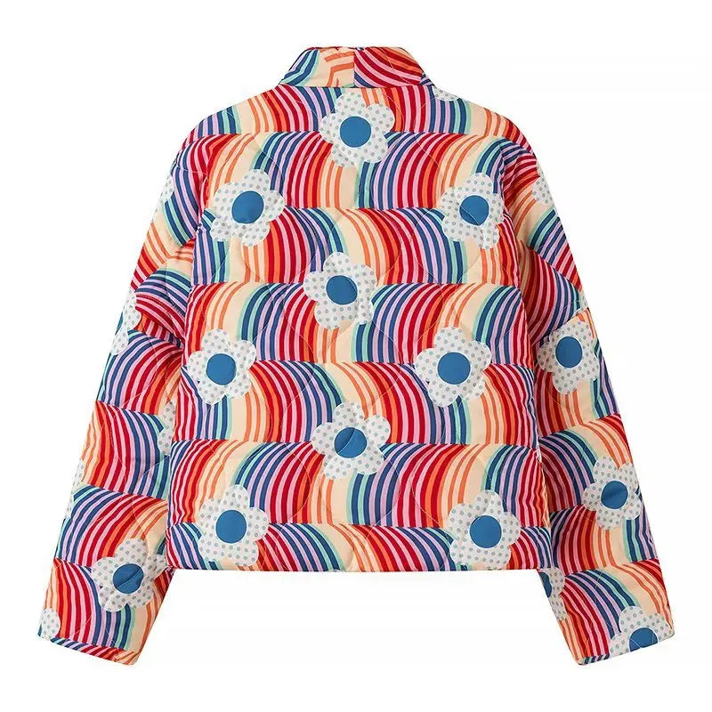 Rainbow Floral Print Winter Cotton Coat Women Chic Casual Cardigan Vintage Harajuku Autumn Puffer Jacket Quilted Streetwear New
