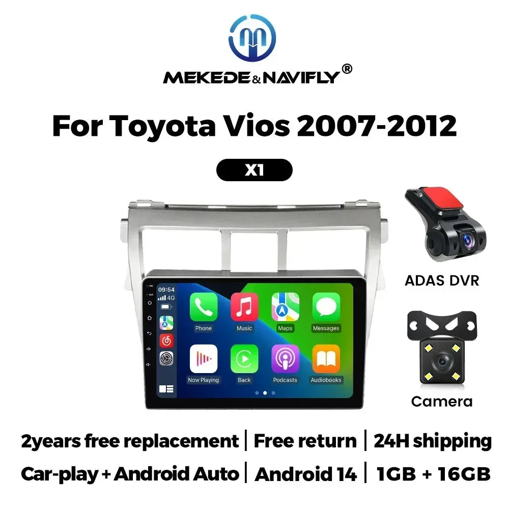 Wireless for CarPlay Android Auto Car Radio for Toyota VIOS Yaris 2007-2012 Video Multimedia Player GPS Stereo Head Unit BT WiFi