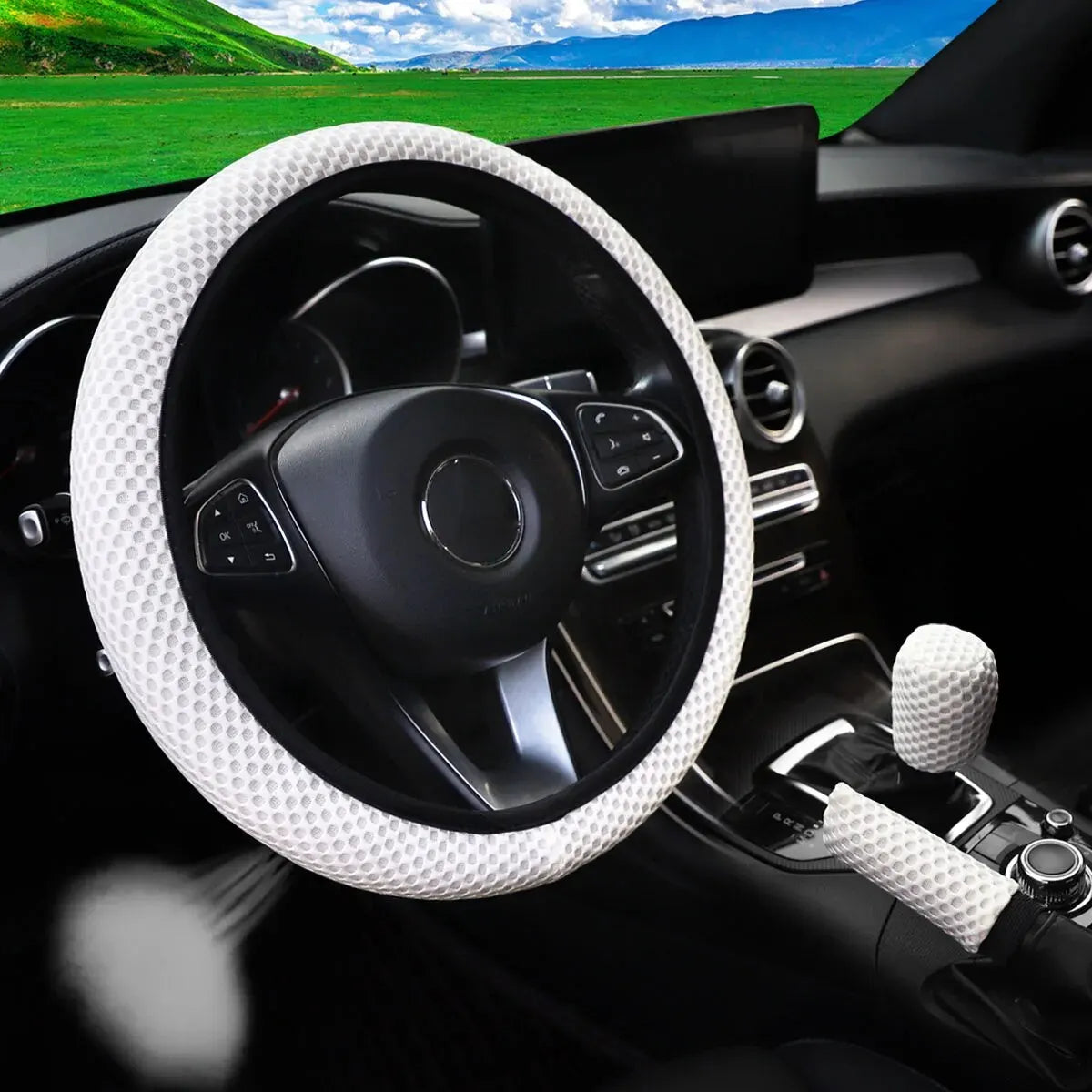 3 Car Massage Mesh Cloth Steering Wheel Cover Handbrake & Handle Cover Set Breathable No Inner Ring for 14.5-15 Inch Accessories
