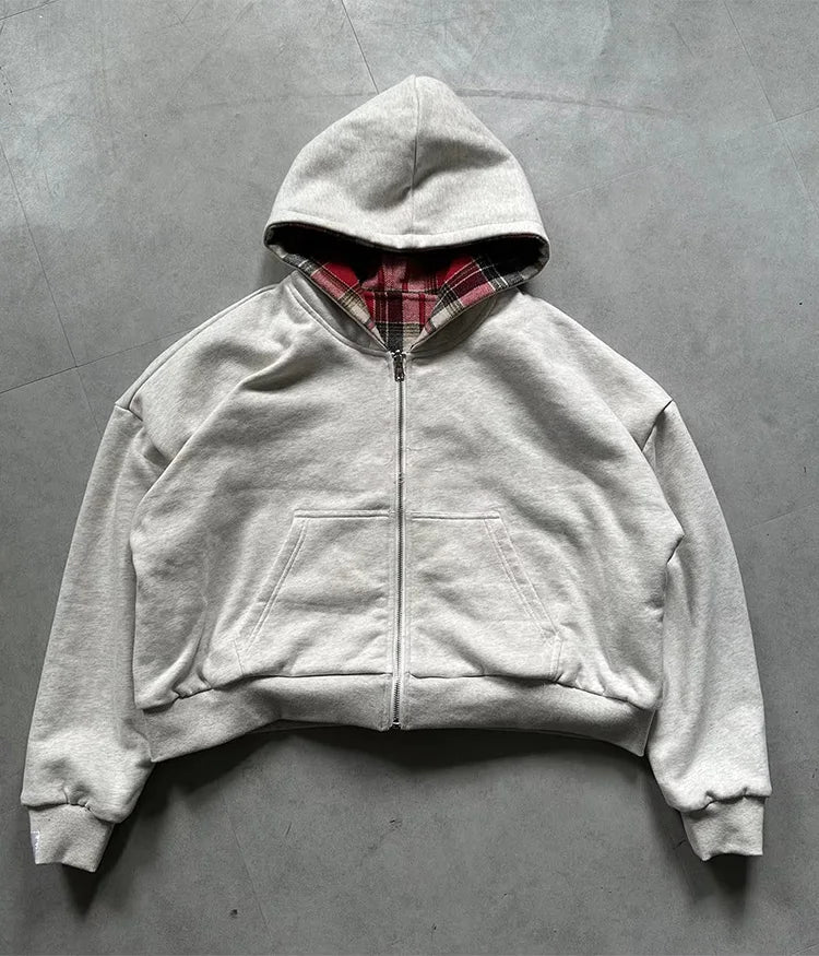 Winter Casual Plaid Print Hoodie Women's Warm Zip-Up Double-Sided Wear Sweatshirt Female Fashion Trendy Loose Hooded