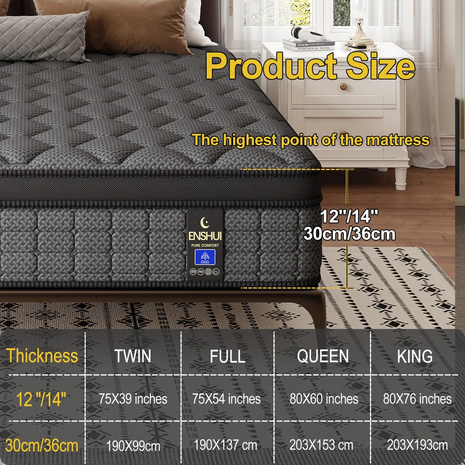 ENSHUI 12/14 Inch Queen & King Mattress In A Box – Gel Memory Foam With Cooling Technology, Medium-Firm Feel, Motion Isolation & Edge Support, Breathable Polyester Cover, Twin/Full/Queen/King Sizes, Durable & Easy To Clean
