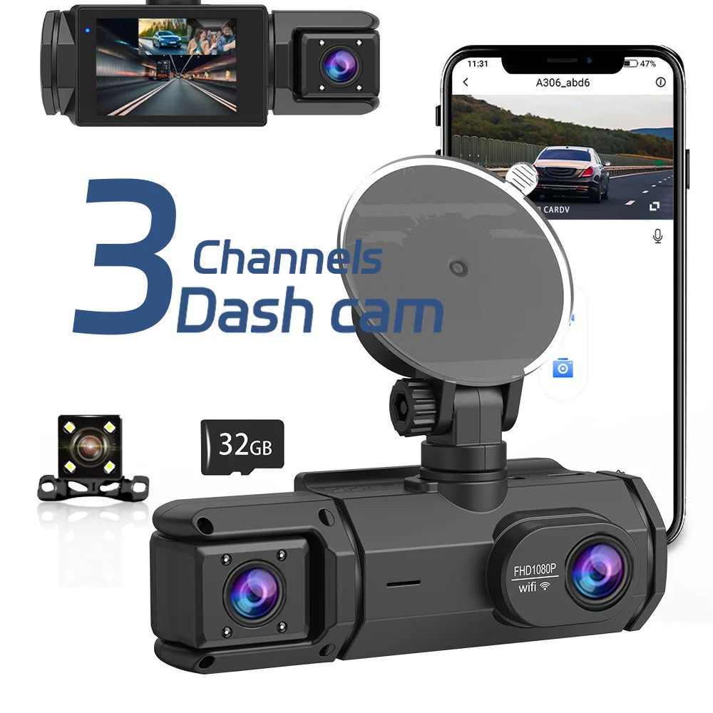 Dash Came For Cars 3 Channels FHD1080P Driving Recorder Car DVR Night Vision Loop Recording G-sensor Tachograph Dashboard Camera