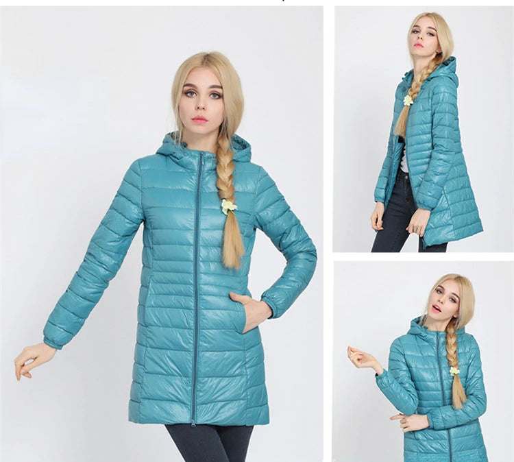 Women Long Warm Light Down Jacket Ladies Fashion Hooded with Portable Storage Bag Puffer Coats Women's Overcoats Hip-Length Coat