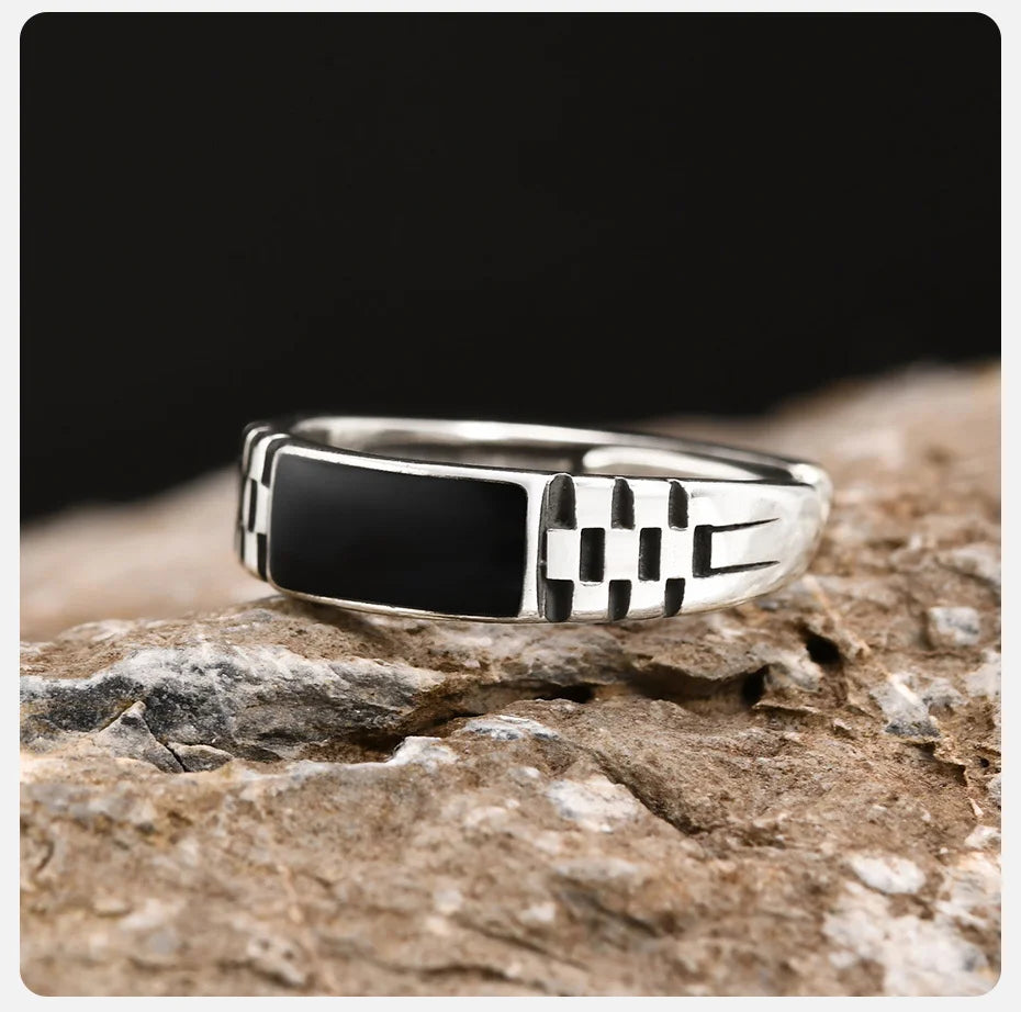 Vnox Mens Open Rings, Black Enamel Signet Ring, Watch Band Grooved Finger Band, Adjustable Jewelry