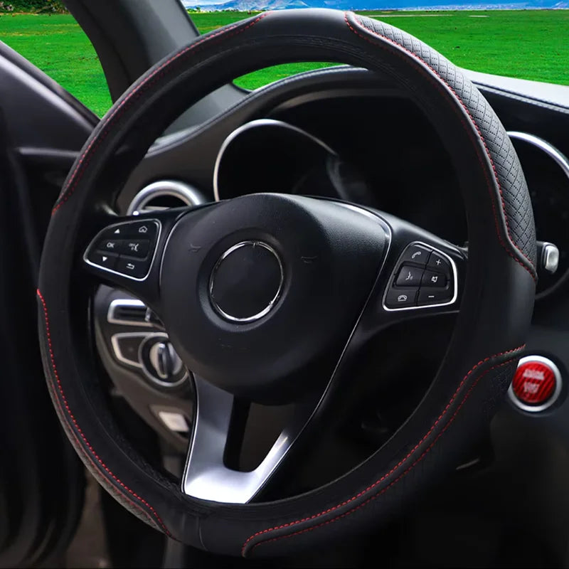 Artificial Leather Three-dimensional Embossed-car without Inner Ring Steering Wheel Cover Auto Parts for 14.5-15 Inches