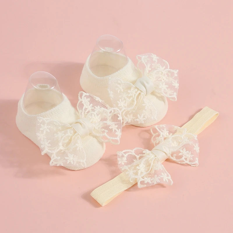 Baby Girls Socks Headband Sets Spring Autumn Knit Lace Bow Princess Socks for Party, Wedding, Baby Shower