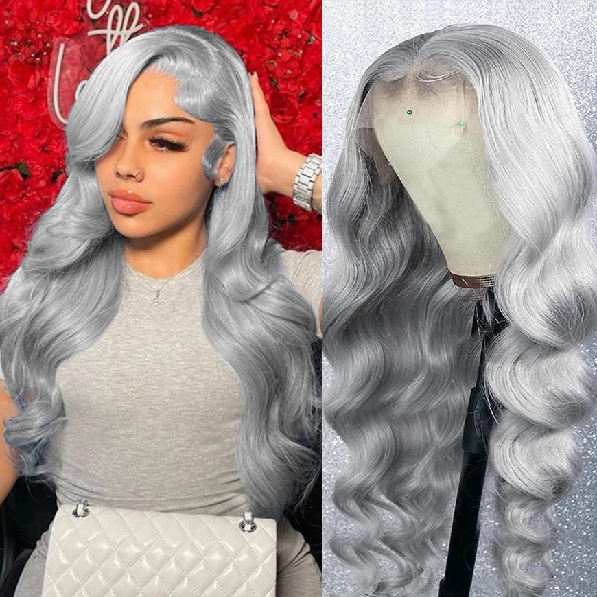 Silver Grey Brazilian Human Hair Wig 13X6 HD Transparent Lace Front Pre Plucked 28 32 Inch 200% Density Body Wave Wigs For Women