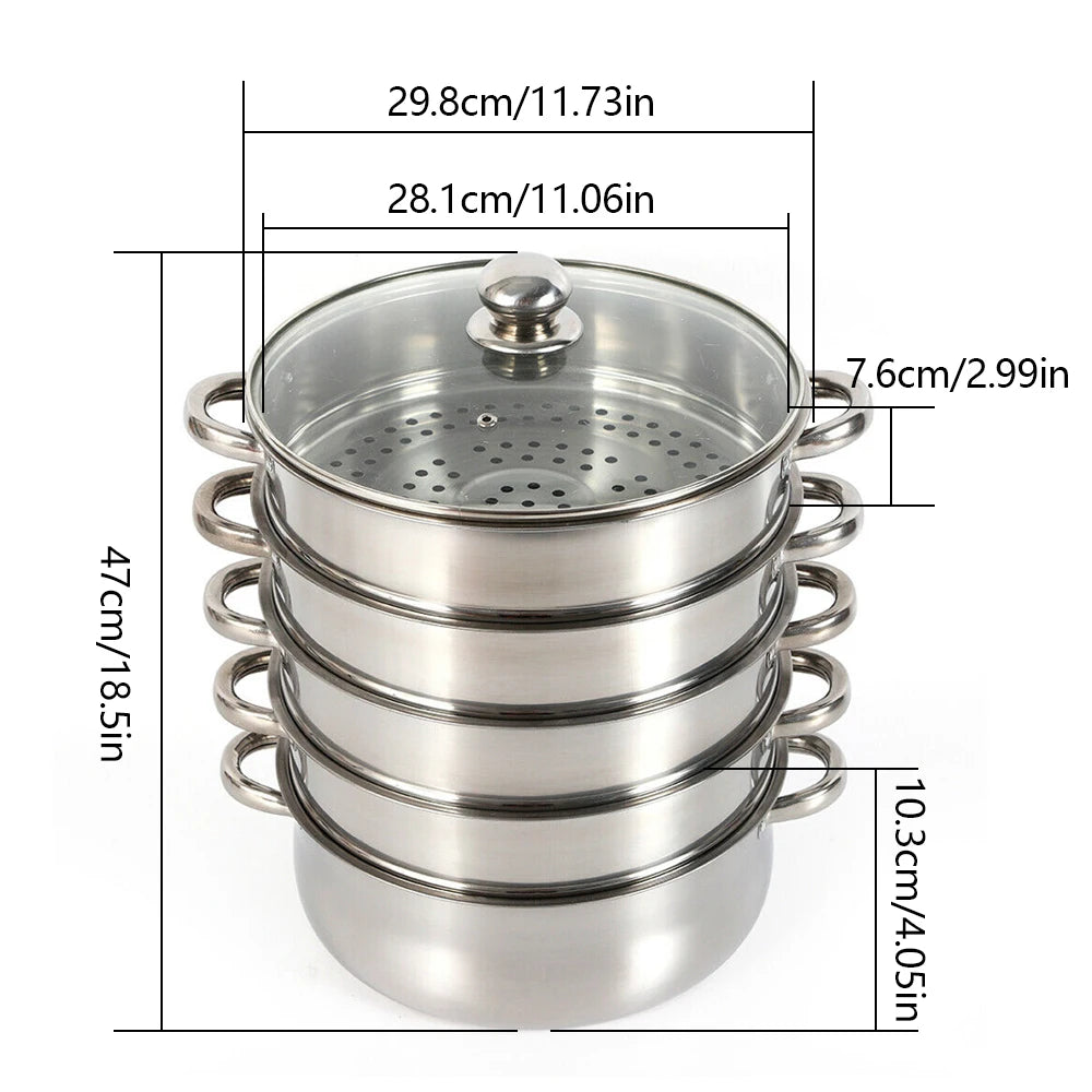 5-Layer Steamer 26cm/28cm/30cm Steam Cooker 304 Food-Grade Stainless Steel 4 Steaming Grids and 1 Cooking Pot W/ Glass Lid