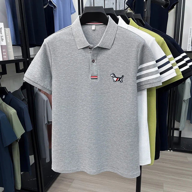 luxury brand men's high quality short sleeves polo shirt lapel embroidery puppy cuff stripe t-shirt business leisure men's wear