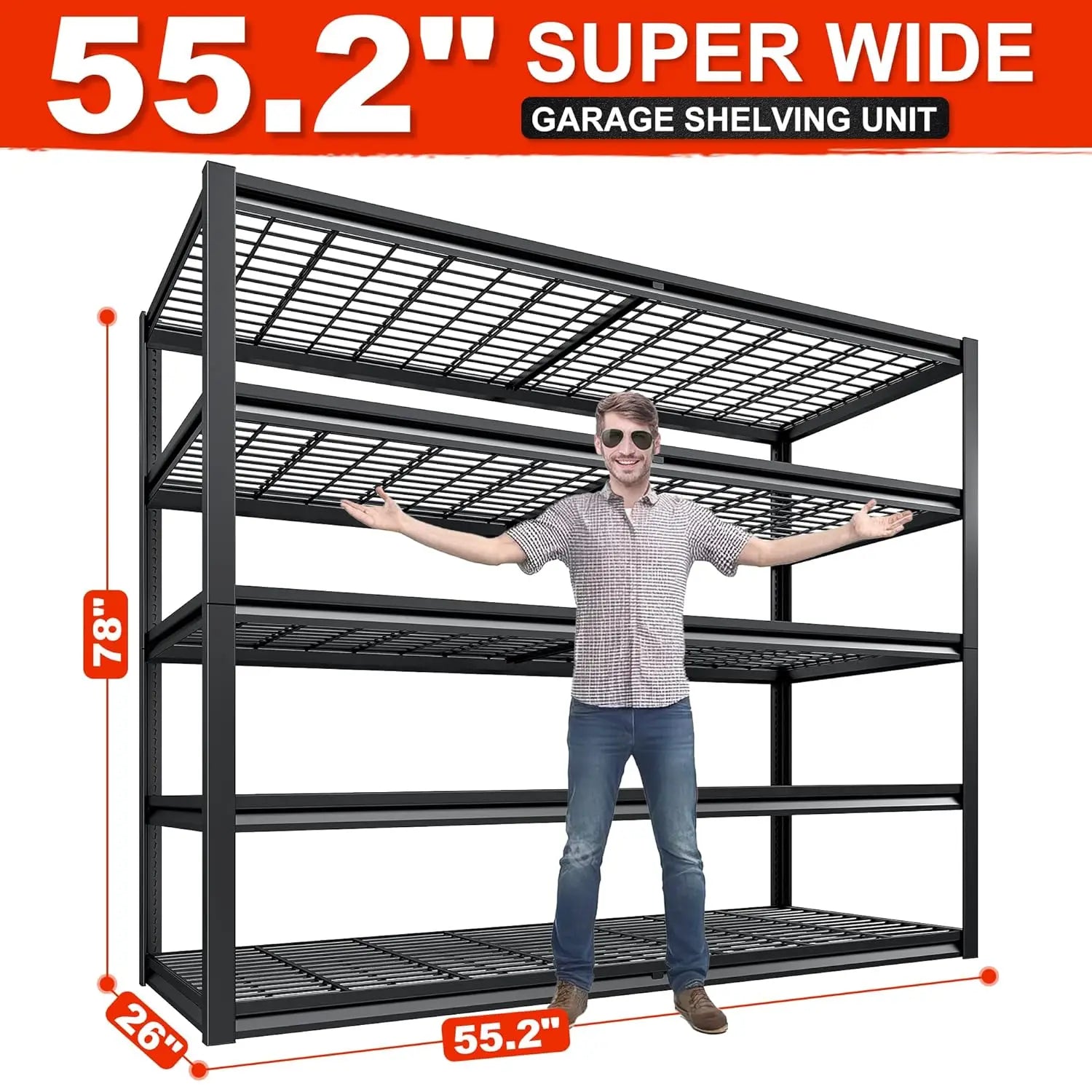 5 Tier 26" D Storage Shelves for Garage Basement Warehouse | 55.2" W x 26" D x 78" H, 3000lbs,grid design,Resist, Customized
